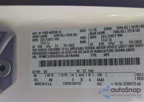 2019 Ford Escape Se из США, поврежденный, VIN 1FMCU0GD5KUA18446